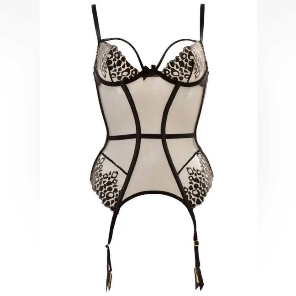 Agent Provocateur Odessa Black Leopard Print Basque Corset 32C